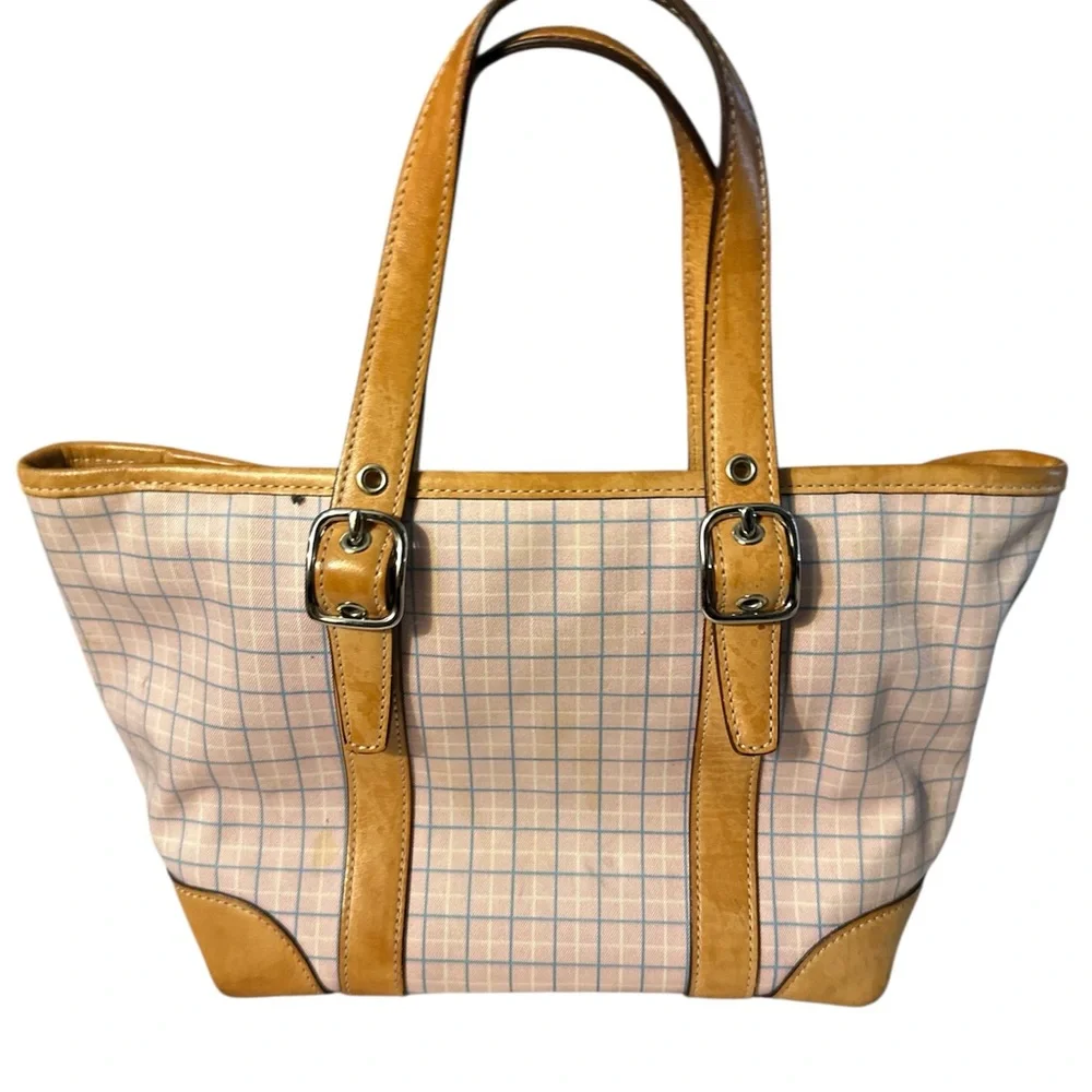 Coach y2k Hampton pink and blue Plaid Tote Bag tan leather trim silver accents - Picture 2 of 13